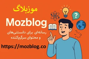 تصویر دیجیتال معرفی MozBlog با پسزمینه نارنجی، لوگوی MozBlog و شخصیت جوان در حال تفکر با نمادهای دانستنی مثل لامپ، اتم، کتاب و کره زمین.